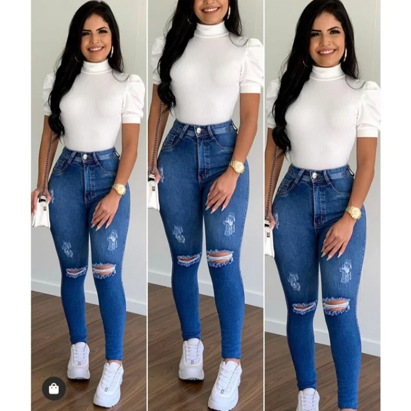 Blusa manga curta bufante feminina canelada com gola alta G