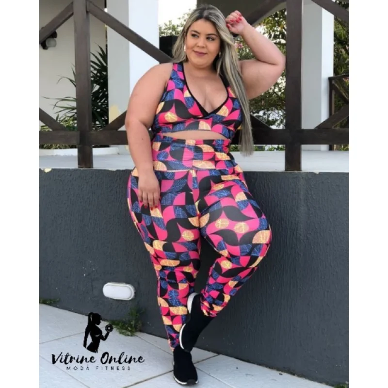 Moda Feminina Fitness: Conjunto Top + Calça Legging Plus Size Cós Alto Estampa 06