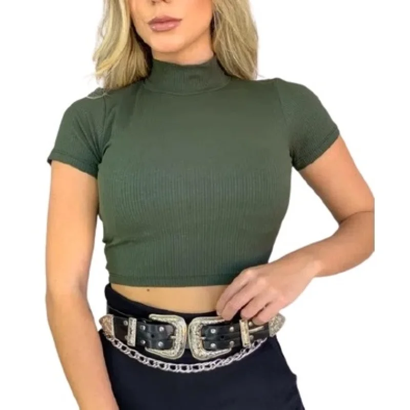 Cores Cropped Manga Curta Feminina - Top Gola Alta Canelada Pink