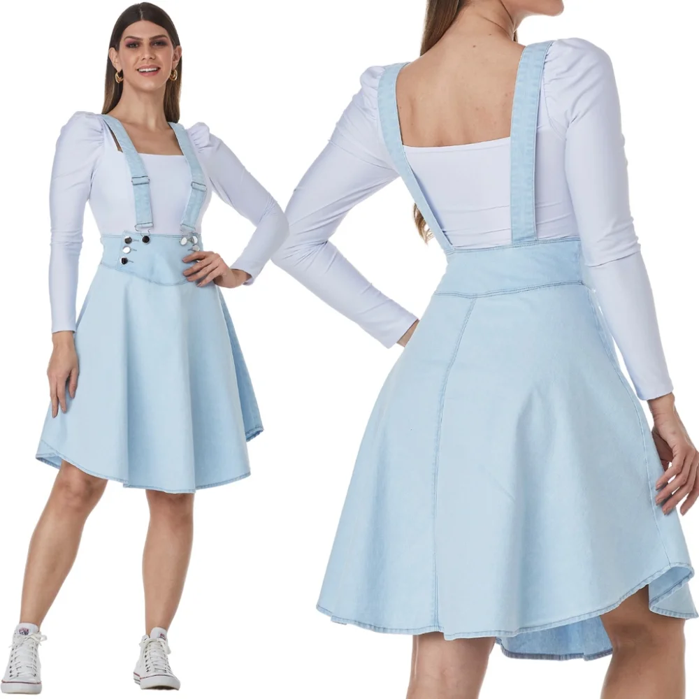 Salopete Jeans Feminino Premium - Jardineira Godê Delave Azul Claro