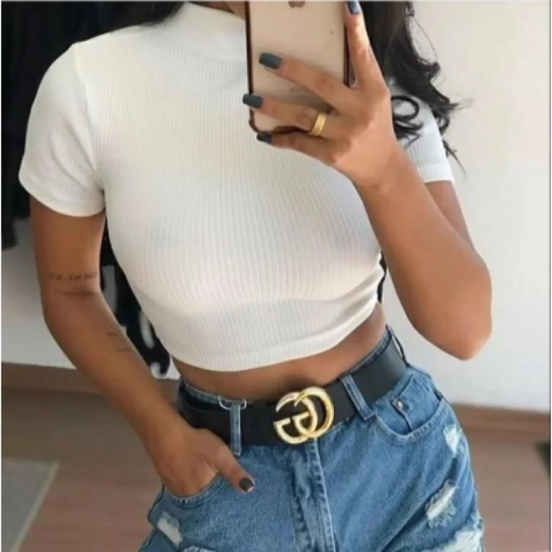 Cores Cropped Manga Curta Feminina - Top Gola Alta Canelada Pink