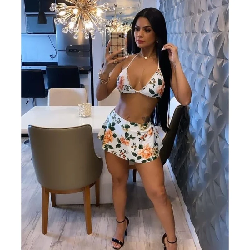 Biquini Feminino com Saia Sainha - Estampa Variada Branco