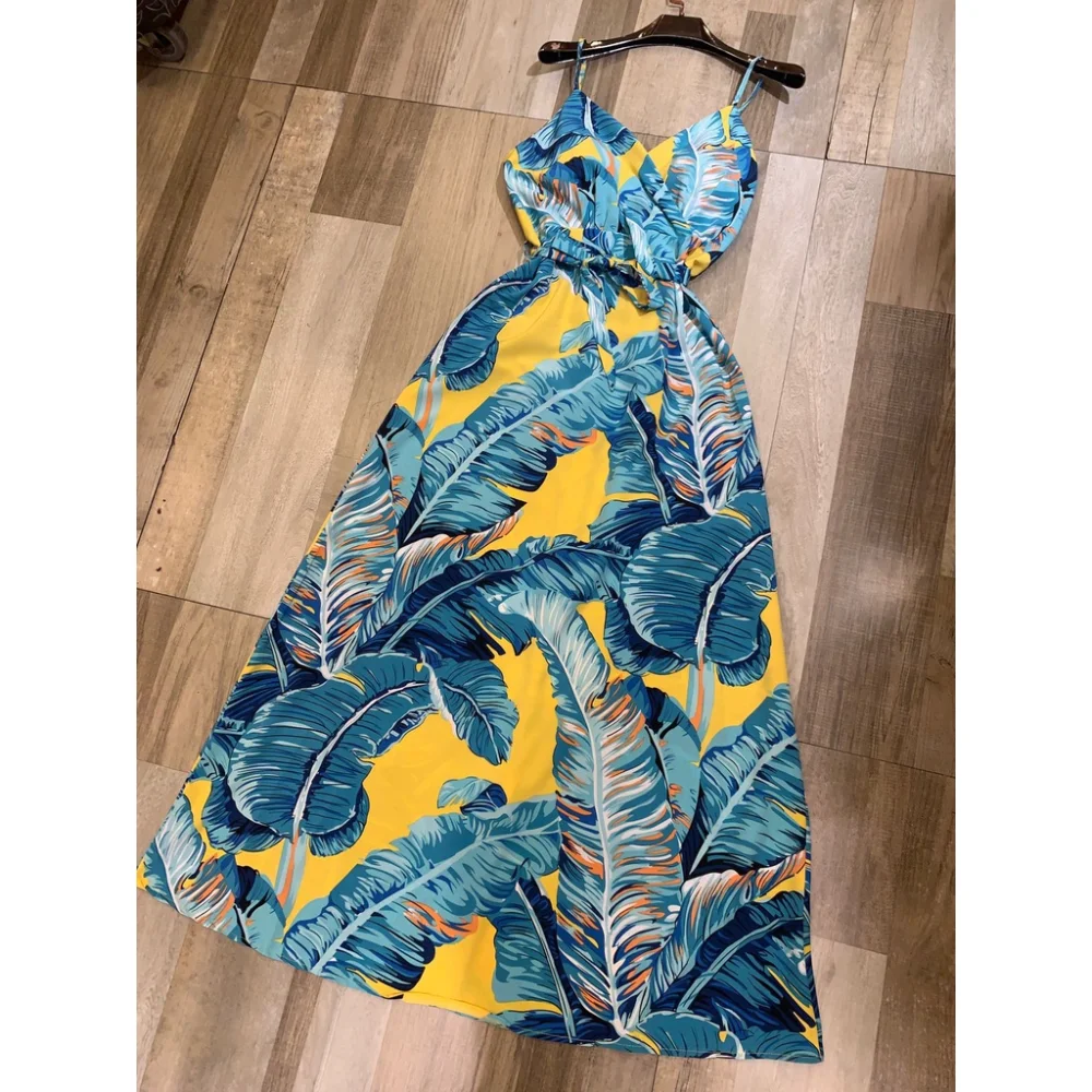 Verão 2021, vestido longo estampado alcinha Azul com amarelo