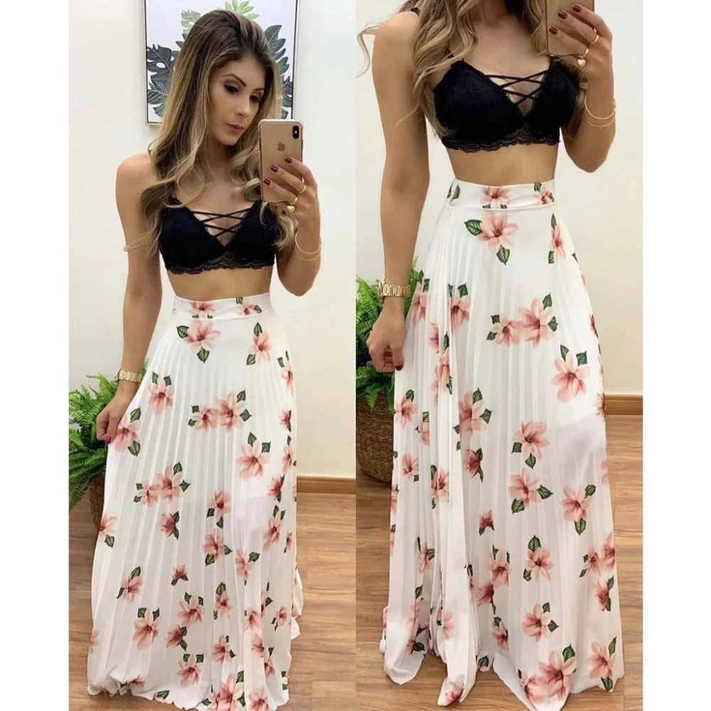 Floral Plissada Saia Longa Evangélica - Código 005 Verde água