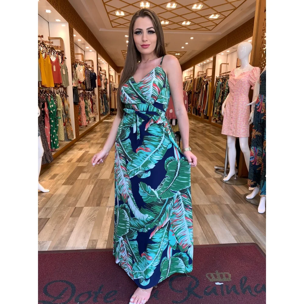 Verão 2021, vestido longo estampado alcinha Azul com amarelo