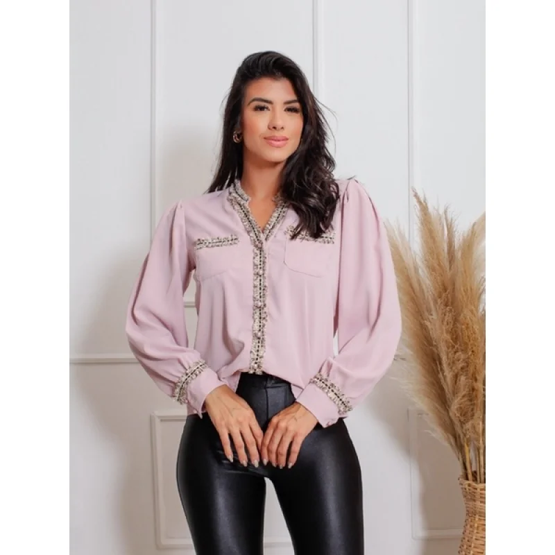 Detalhe moda blusa feminina manga longa LS091 Rosa