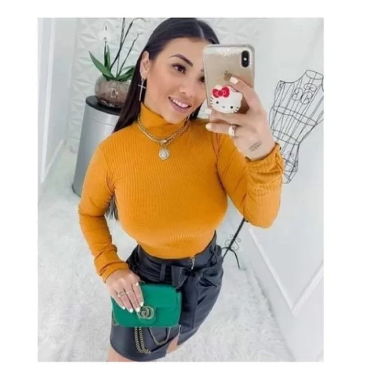 Malha Canelada Blusa Manga Longa Gola Alta Inverno Feminina (Inovastilo) Azul Marinho