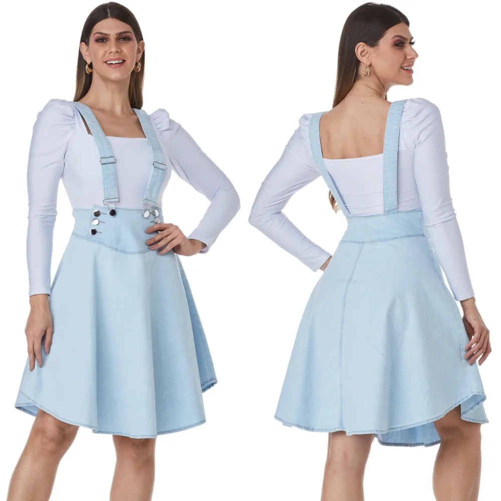 Salopete Jeans Feminino Premium - Jardineira Godê Delave Azul Claro