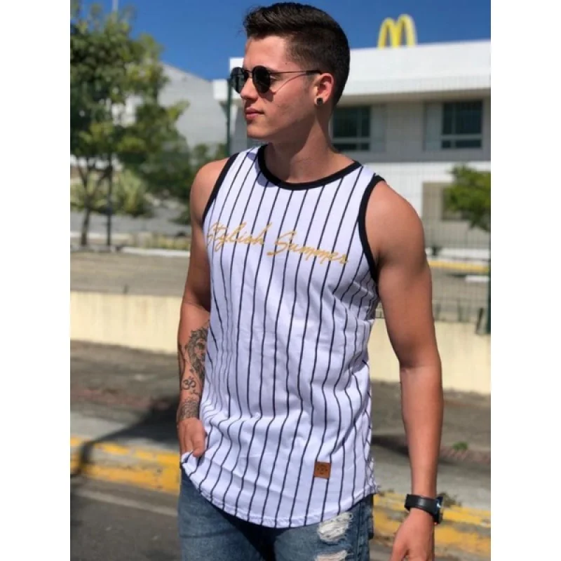 Camiseta listra Longline masculina em malha canelada AZUL MARINHO MALHA