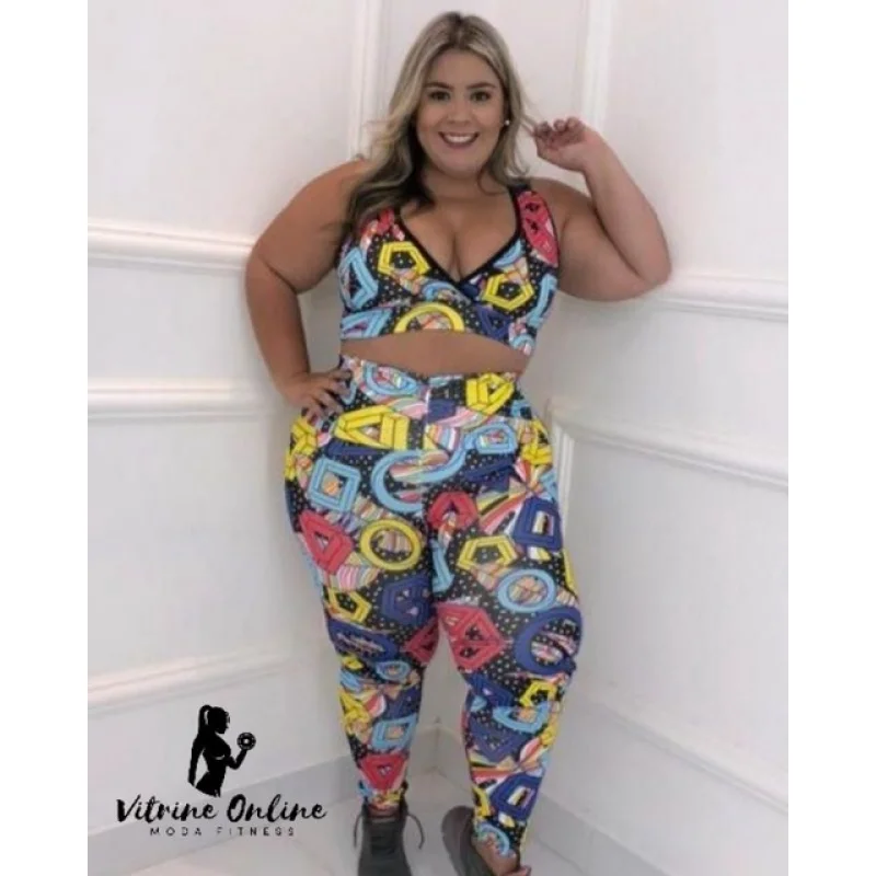 Moda Feminina Fitness: Conjunto Top + Calça Legging Plus Size Cós Alto Estampa 06
