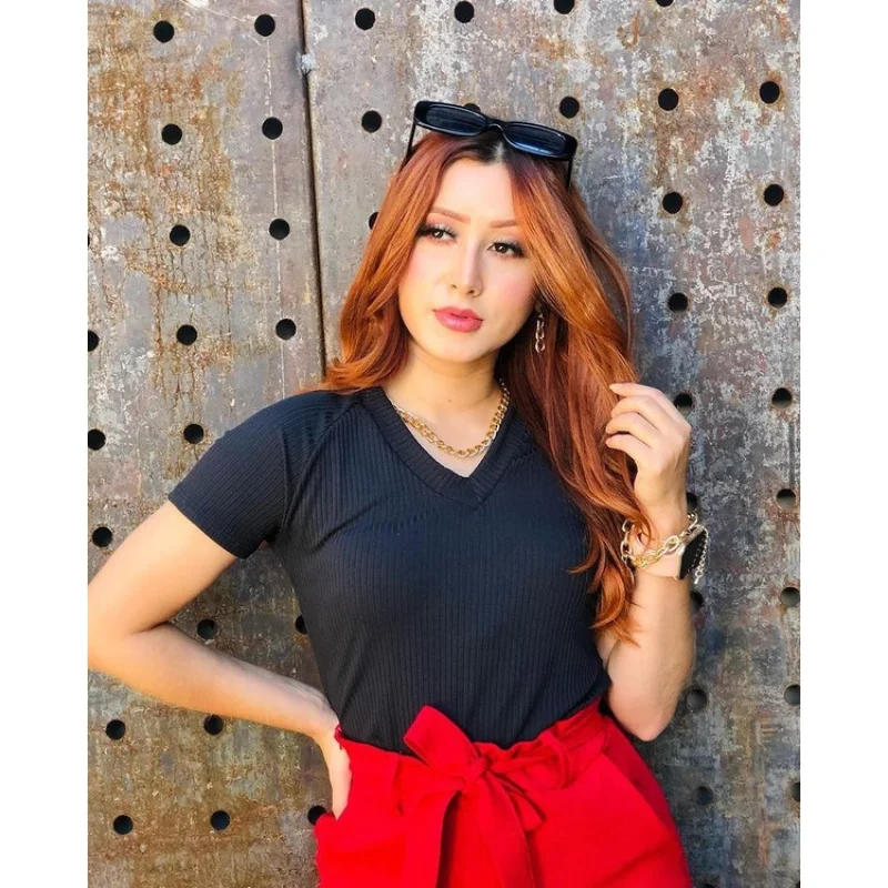 Blusa Feminina Manga Curta Gola V Canelada - Promoção mostarda