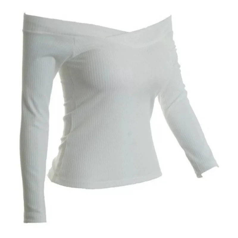 Promoção Blusa Feminina Manga Longa Ombro a Ombro Canelada Cinza