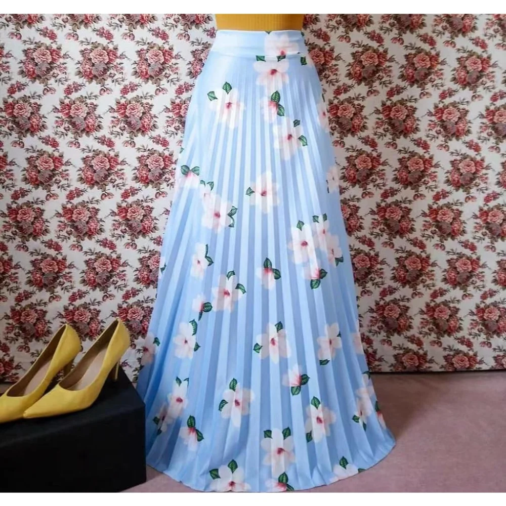 Floral Plissada Saia Longa Evangélica - Código 005 Verde água