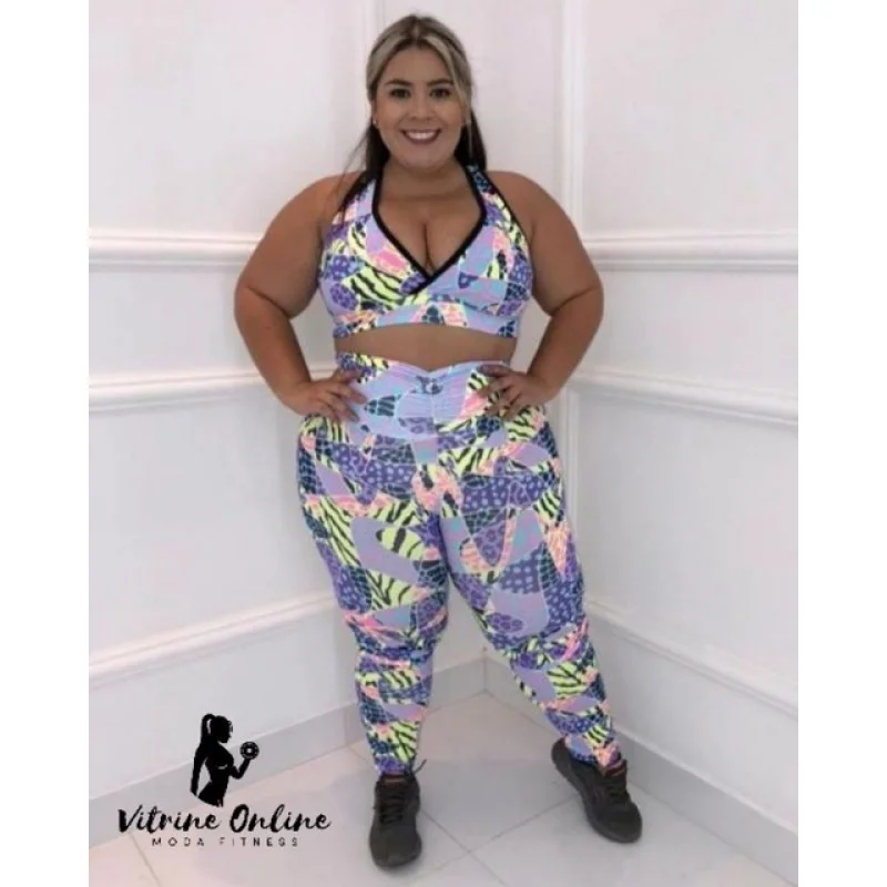 Moda Feminina Fitness: Conjunto Top + Calça Legging Plus Size Cós Alto Estampa 06