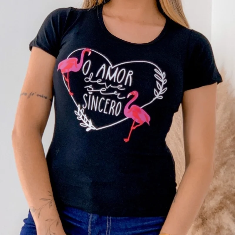 Camiseta Feminina Manga Curta Flamingo T-shirt Marinho