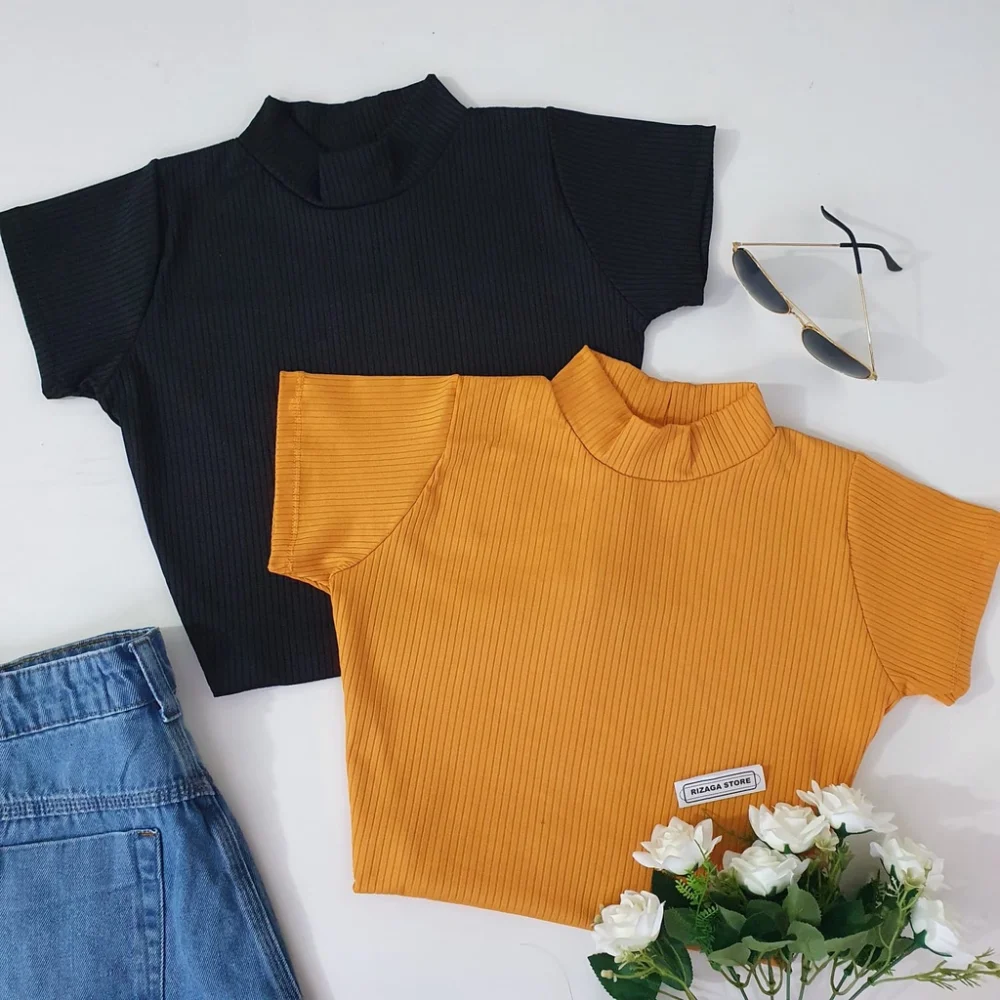 Cores Cropped Manga Curta Feminina - Top Gola Alta Canelada Pink