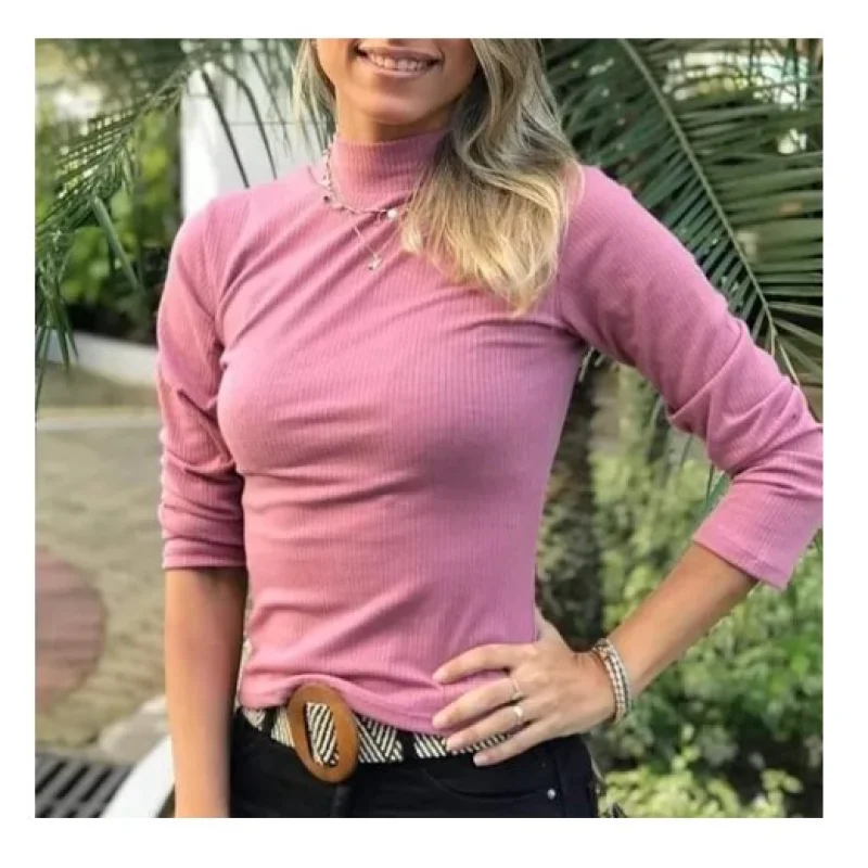 Malha Canelada Blusa Manga Longa Gola Alta Inverno Feminina (Inovastilo) Azul Marinho