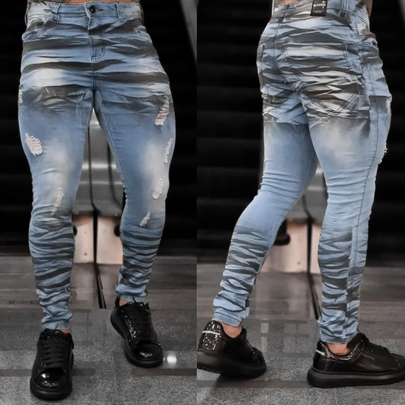 Fashion Week Calça Jeans Masculina Slim Fit Destroyed Skinny 6