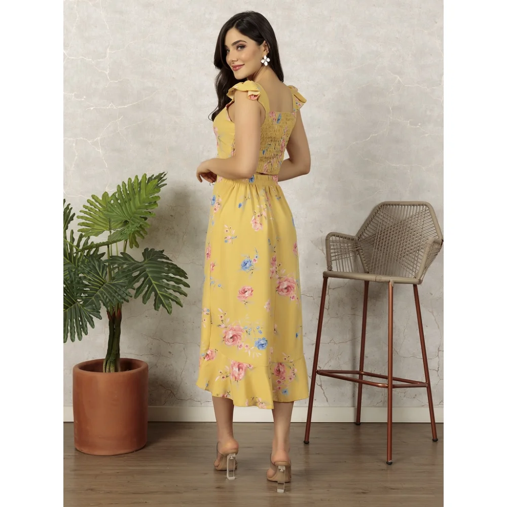 Moda feminina conjunto saia longo com fenda lateral e croped em elastano Amarelo