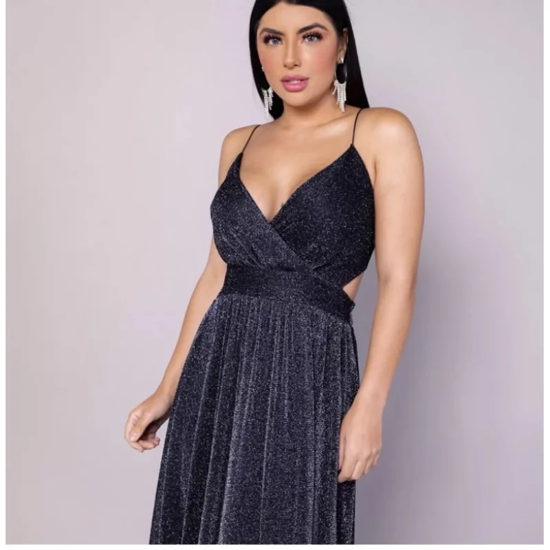 Formaturas convidadas: Vestido longo preto com brilho lurex para festa coquetel Preto