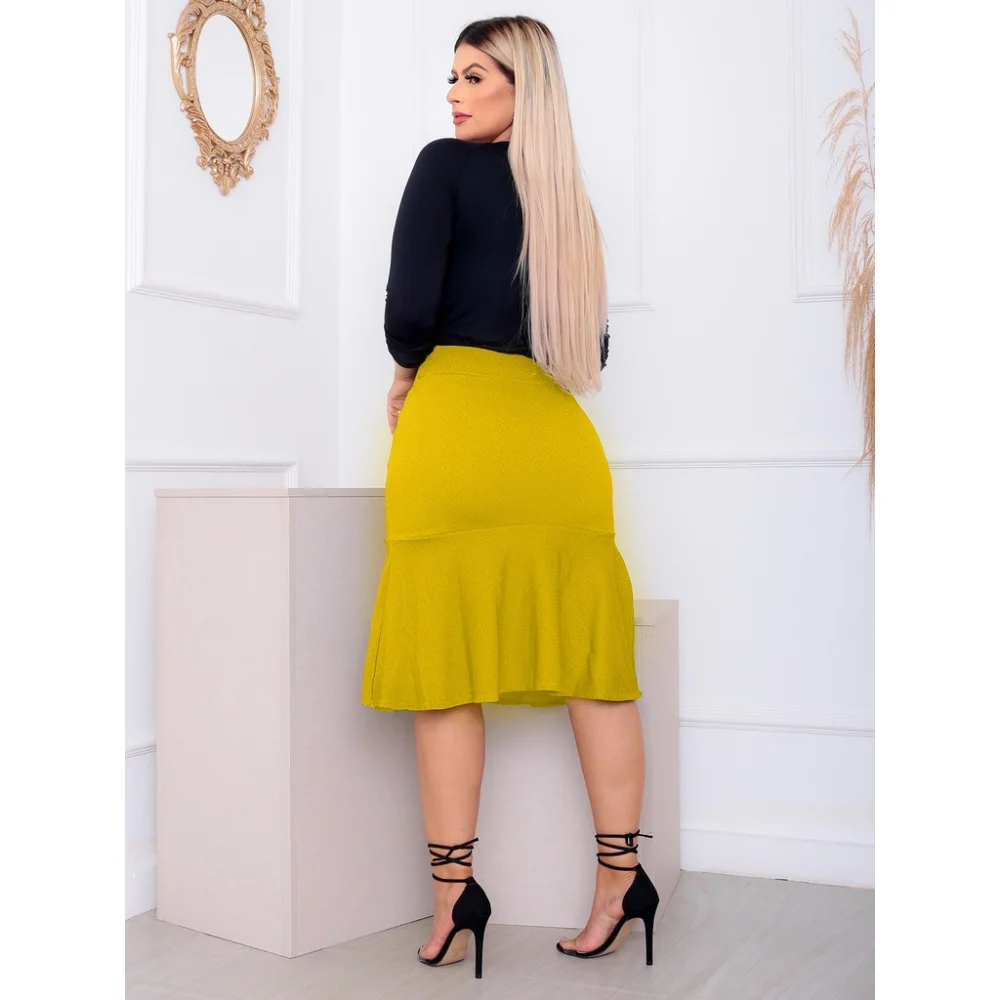 Moda Evangélica Saia Crepe Premium Babado 4 Botões Bolso Marsala