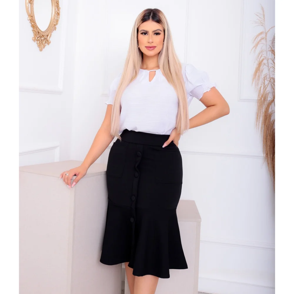 Moda Evangélica Saia Crepe Premium Babado 4 Botões Bolso Marsala