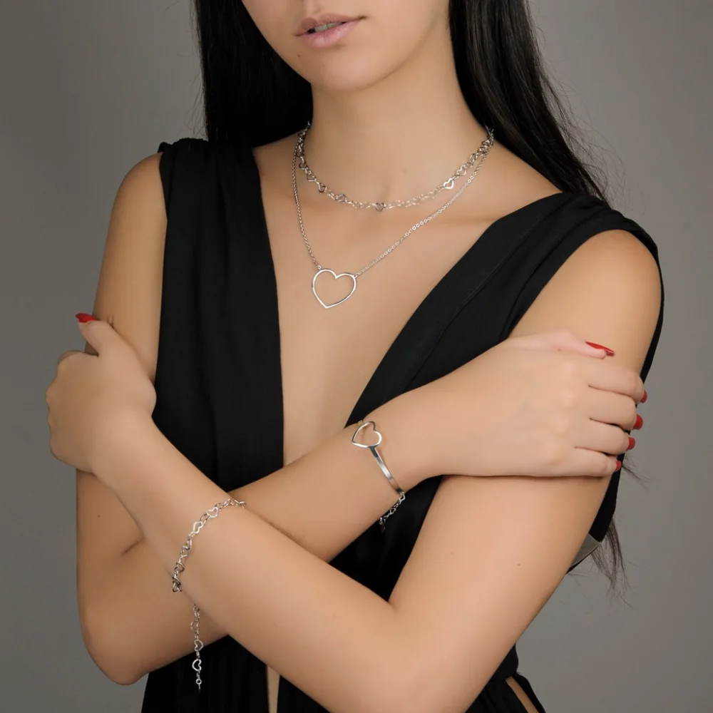 Corrente Feminina Prata 925 Conjunto Colar e Pulseira Coração Fúcsia