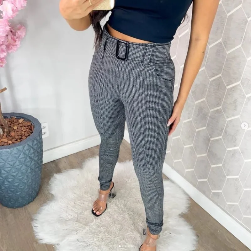 Veste Super Bem Calça Feminina Xadrez Skinny com Cinto Vinho