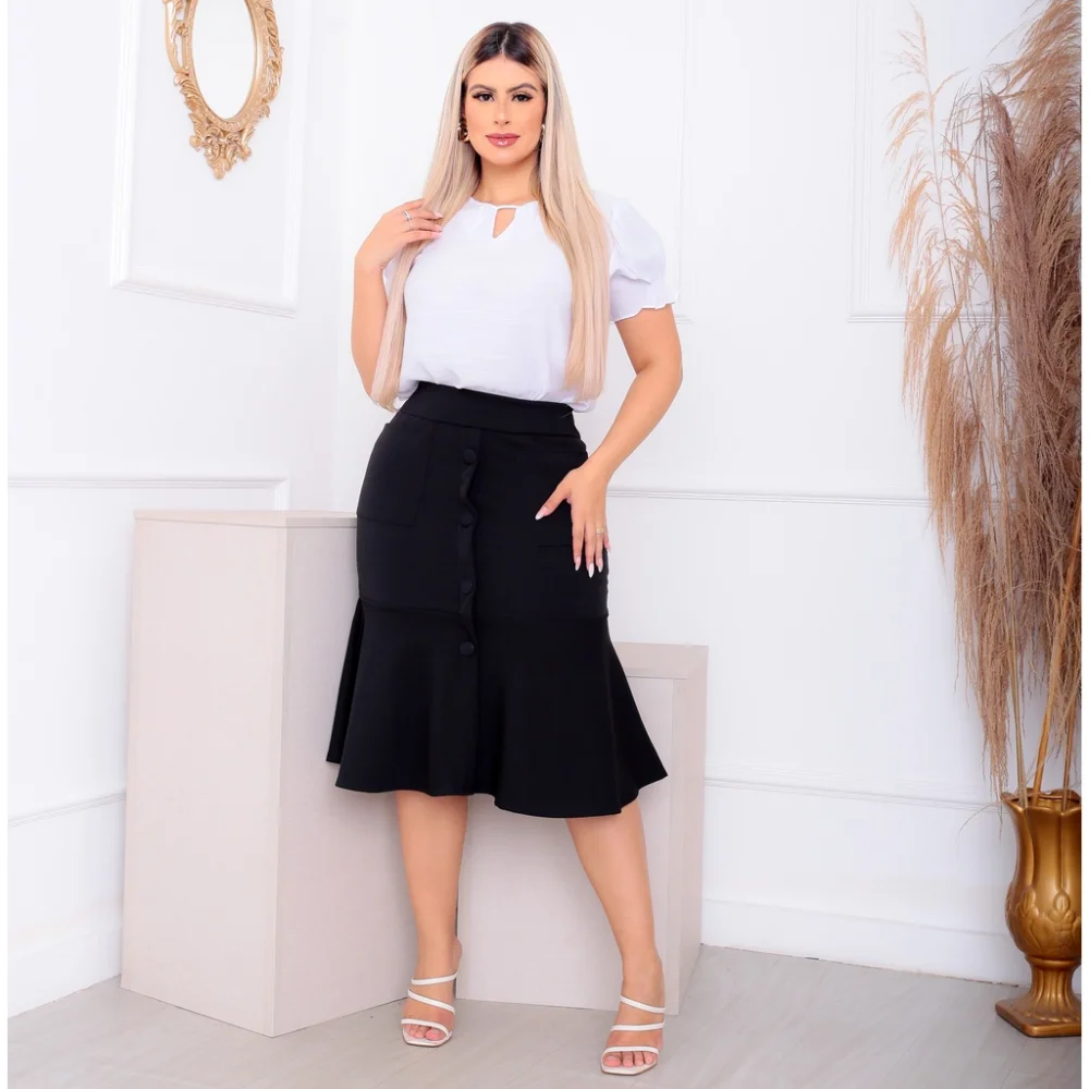 Moda Evangélica Saia Crepe Premium Babado 4 Botões Bolso Marsala