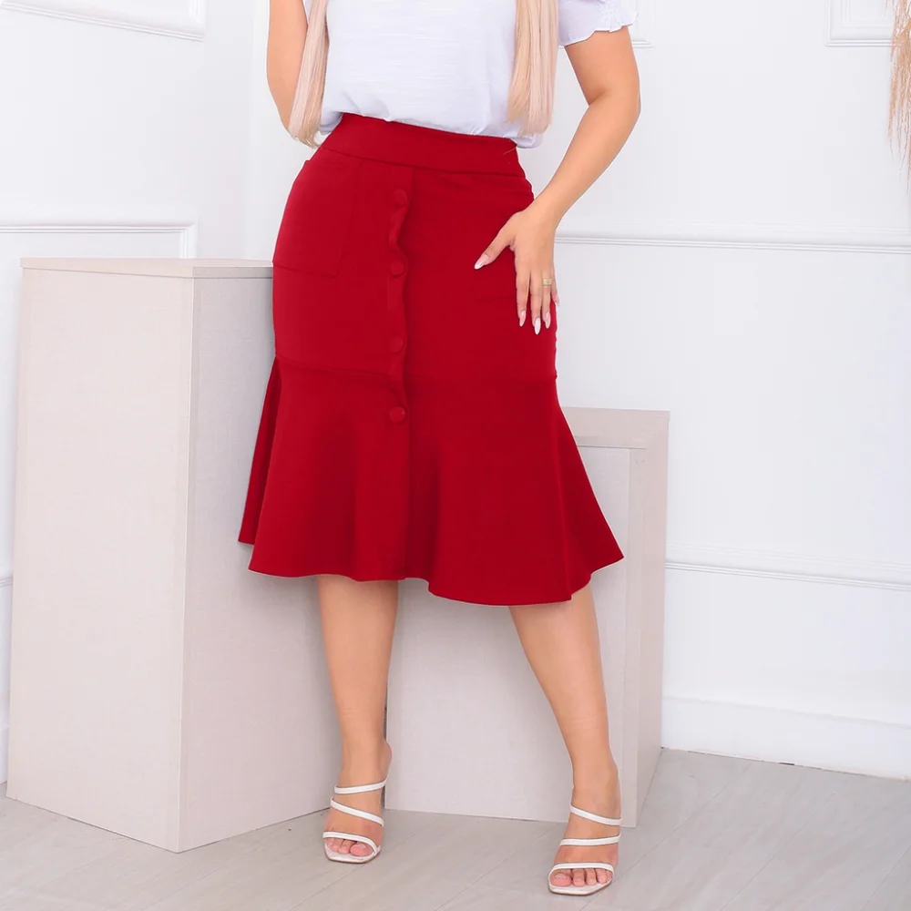 Moda Evangélica Saia Crepe Premium Babado 4 Botões Bolso Marsala