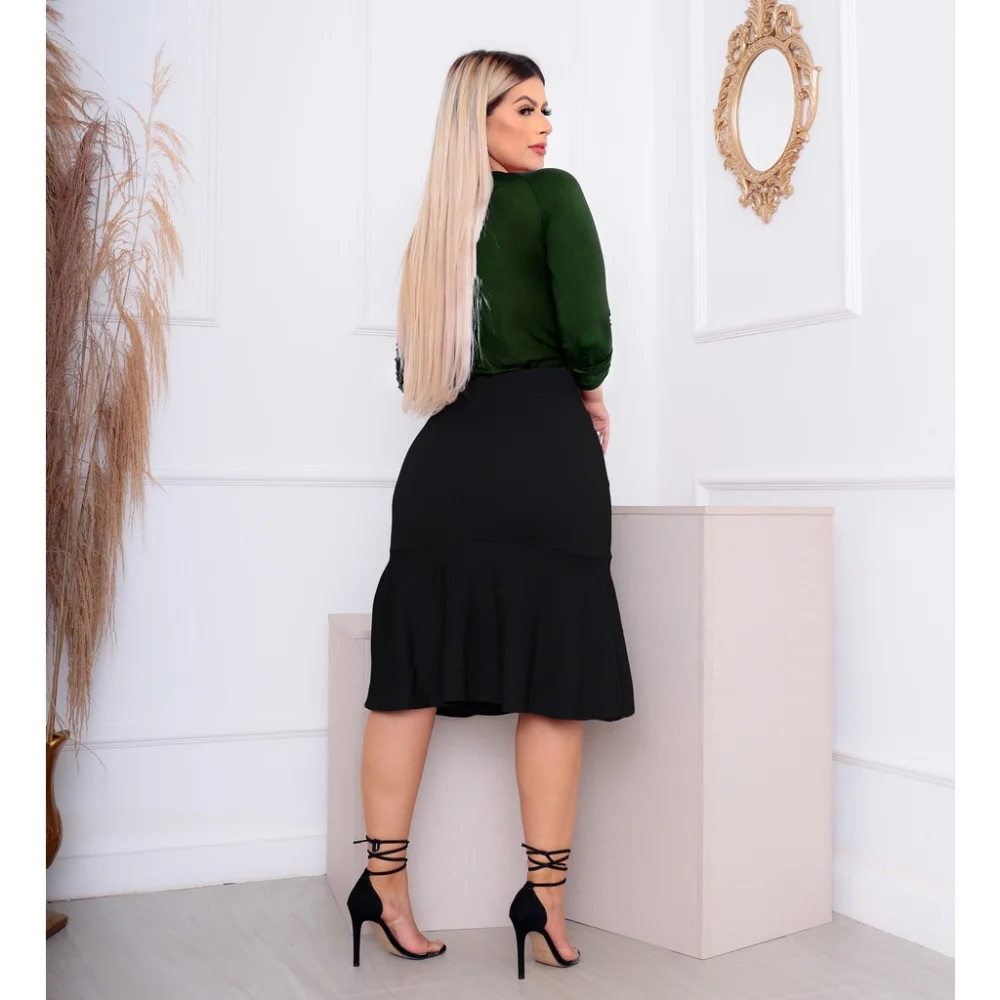 Moda Evangélica Saia Crepe Premium Babado 4 Botões Bolso Marsala