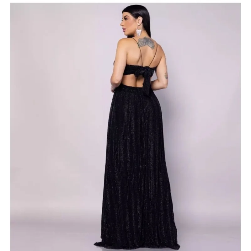Formaturas convidadas: Vestido longo preto com brilho lurex para festa coquetel Preto