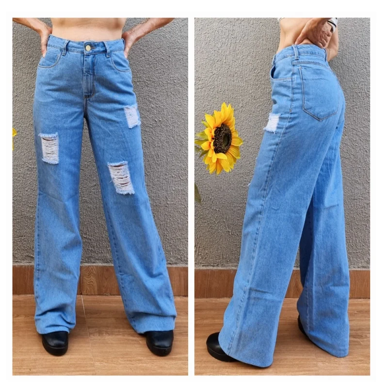 Calça Feminina Wide Leg Cintura Alta em Jeans Premium CLARA RASGADA