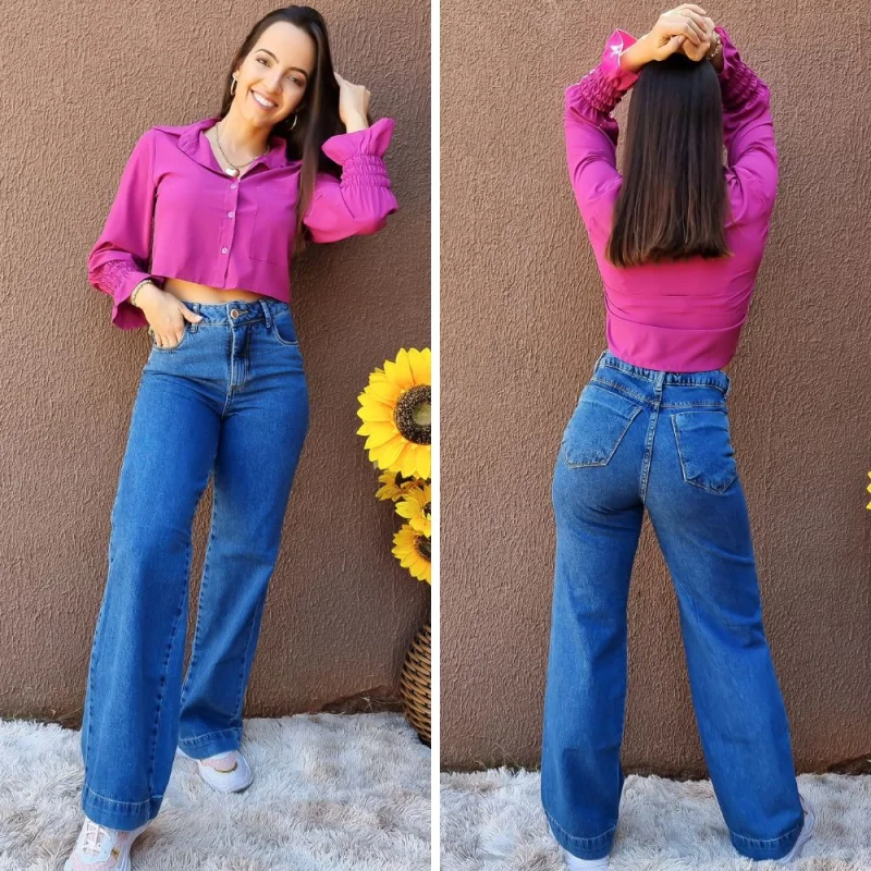 Calça Feminina Wide Leg Cintura Alta em Jeans Premium CLARA RASGADA