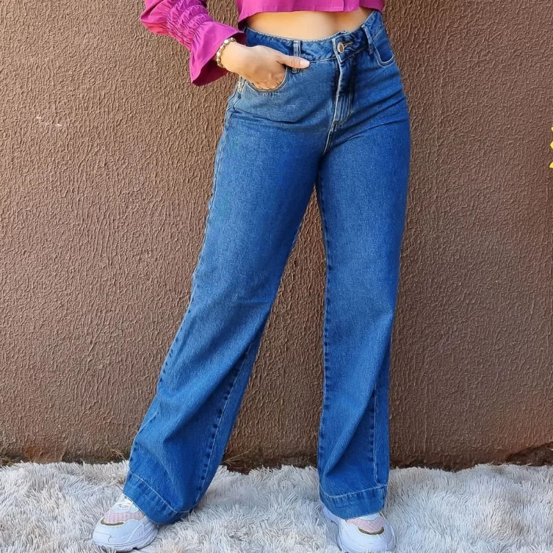 Calça Feminina Wide Leg Cintura Alta em Jeans Premium CLARA RASGADA