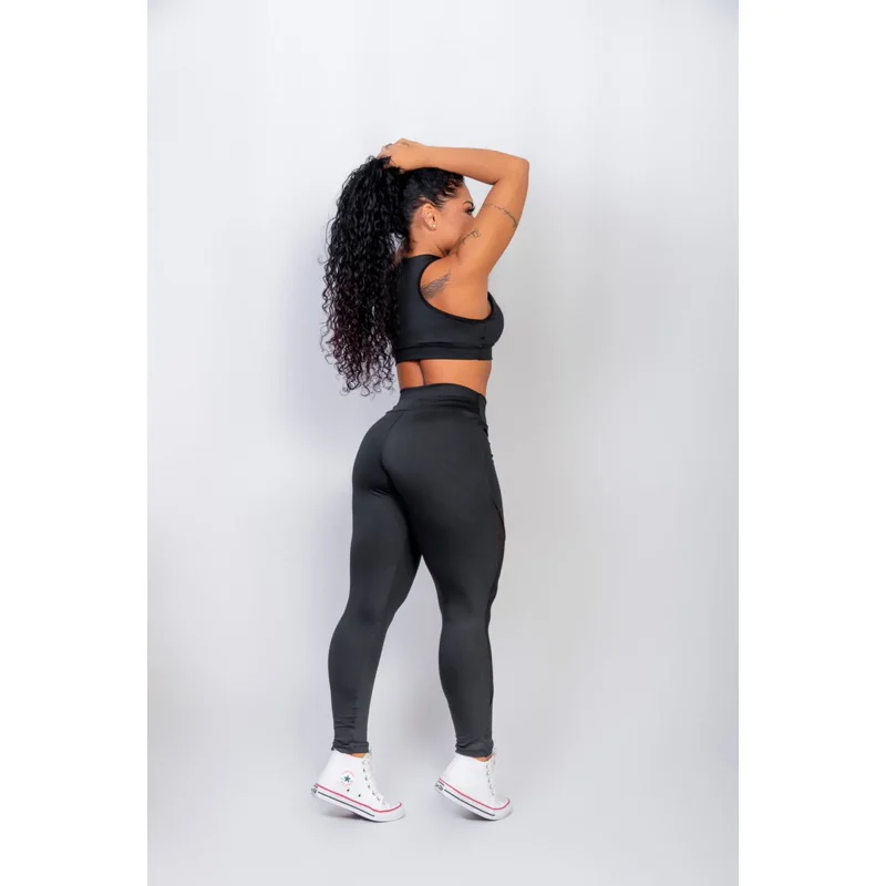 Top com bojo Fitnnes leg tela + conjunto calça legging cintura alta Preto