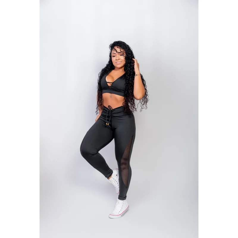 Top com bojo Fitnnes leg tela + conjunto calça legging cintura alta Preto