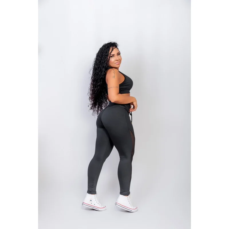 Top com bojo Fitnnes leg tela + conjunto calça legging cintura alta Preto
