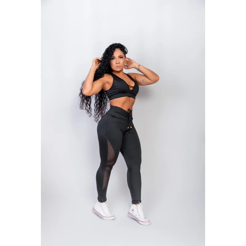 Top com bojo Fitnnes leg tela + conjunto calça legging cintura alta Preto