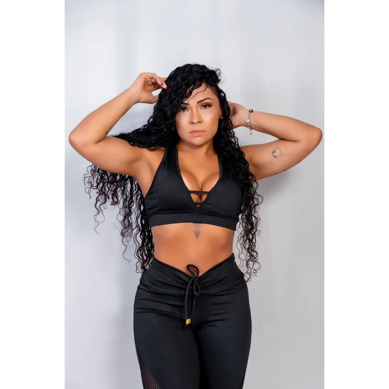 Top com bojo Fitnnes leg tela + conjunto calça legging cintura alta Preto
