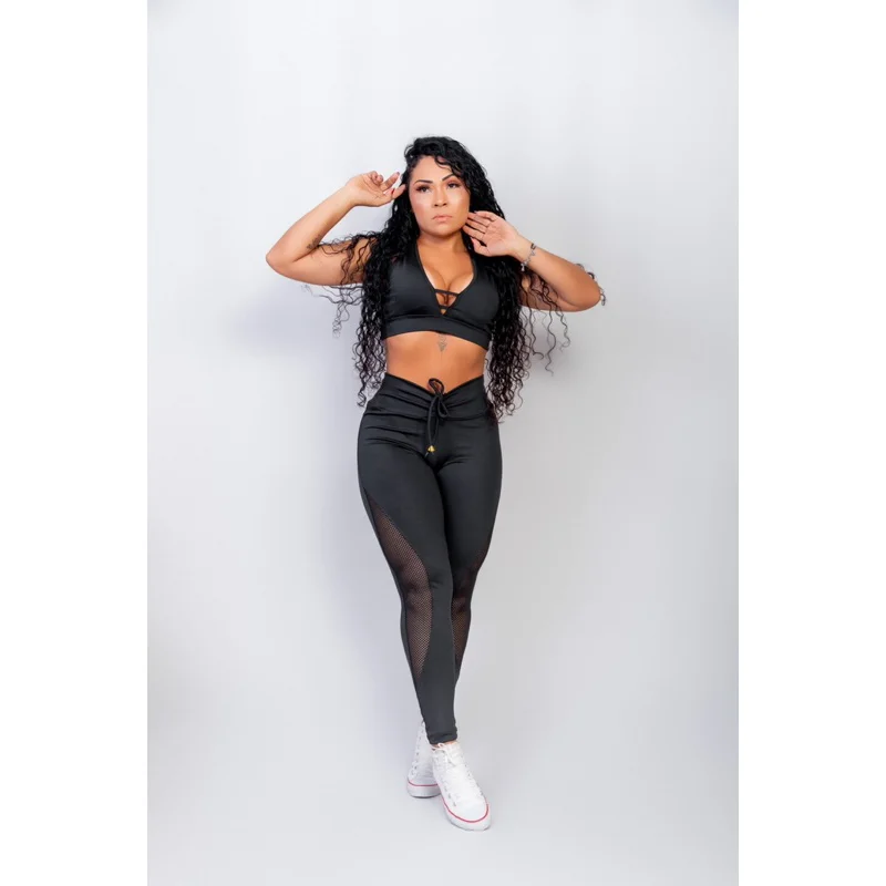 Top com bojo Fitnnes leg tela + conjunto calça legging cintura alta Preto
