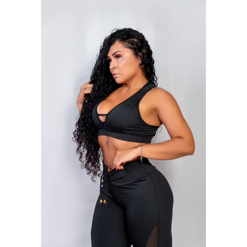 Top com bojo Fitnnes leg tela + conjunto calça legging cintura alta Preto