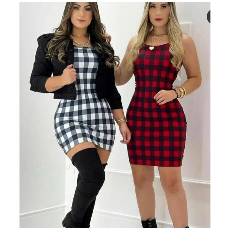 Moda blogueira: Vestido feminino xadrez curto alcinha canelado Branco
