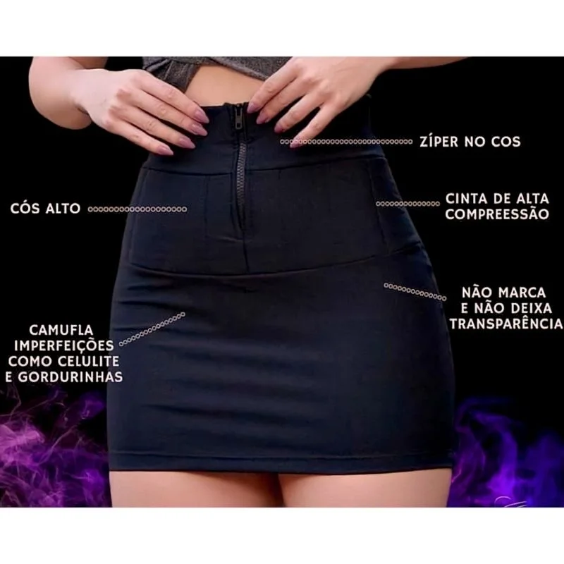 Saia Estilosa Lipo Cirre Cintura Alta Zíper Frontal Balada Preta