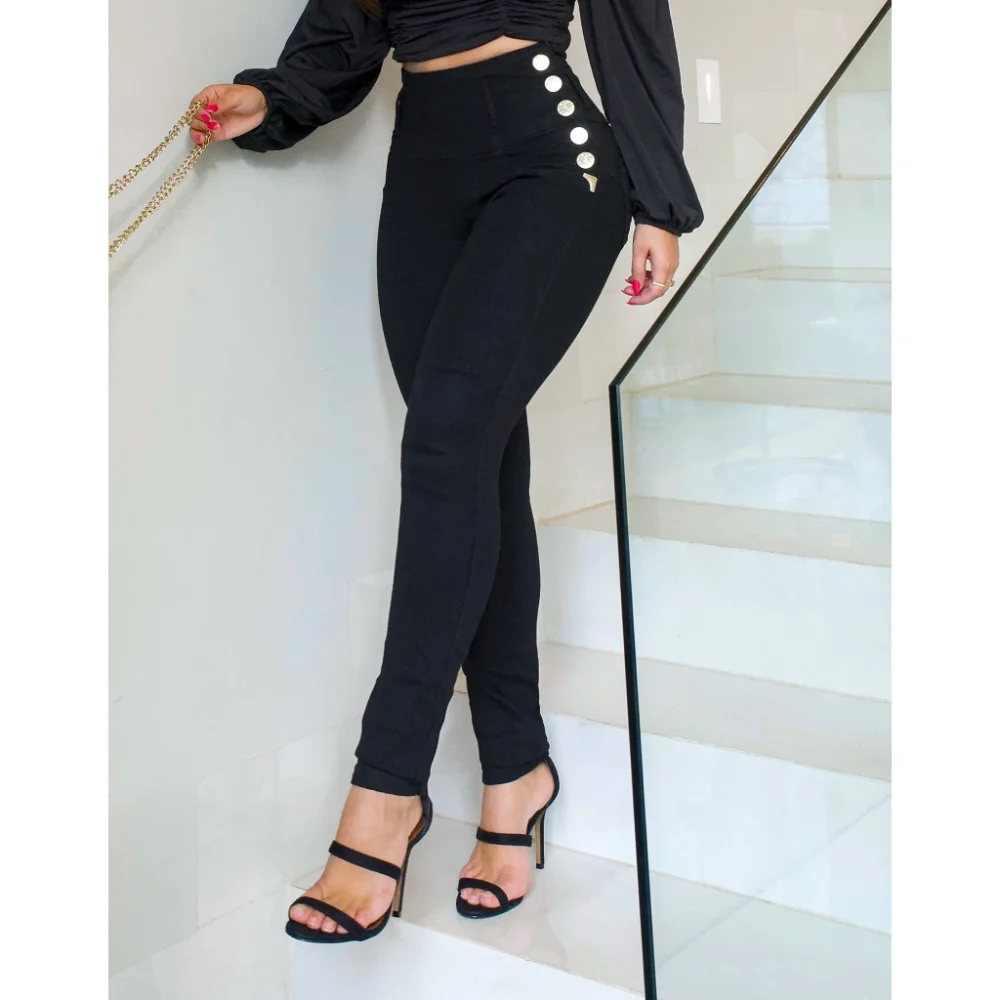 Calça Modeladora Premium Preta Feminina - Cós Super Alto 10 Botões 42