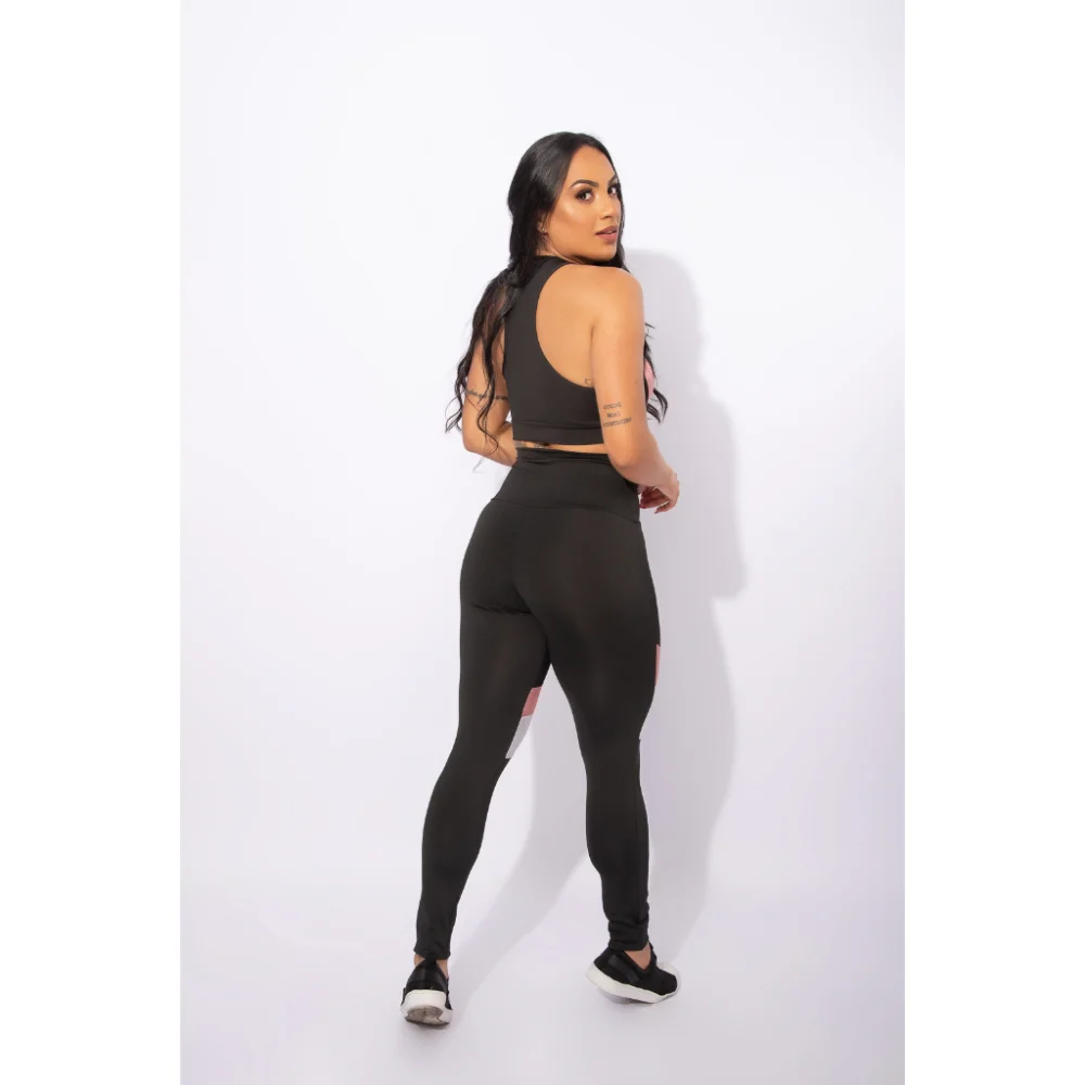 Conjunto Top e Calça Legging Feminino com Bolso, Cirrê Cintura Alta e Detalhe Suplex - Kit Fitness Rosa + Rosa