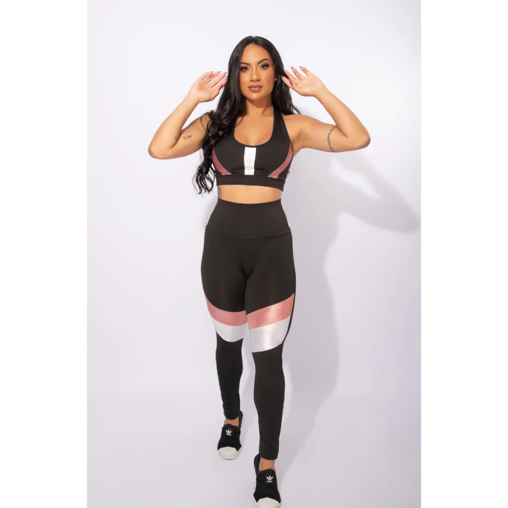 Conjunto Top e Calça Legging Feminino com Bolso, Cirrê Cintura Alta e Detalhe Suplex - Kit Fitness Rosa + Rosa