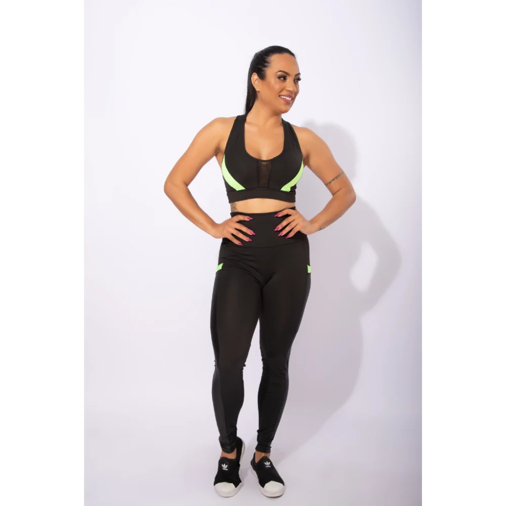 Conjunto Fitness Feminino Top e Calça Legging com Bolso Cirrê - Raryel Verde + Rosa