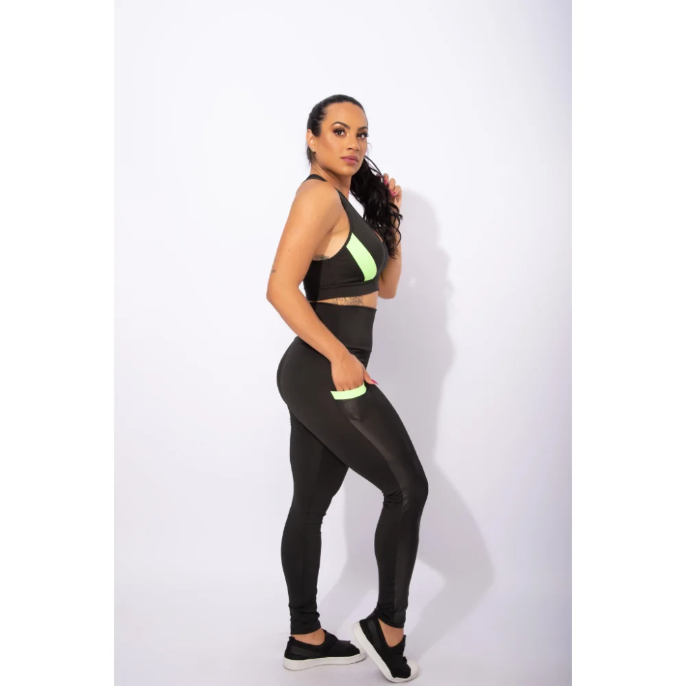 Conjunto Fitness Feminino Top e Calça Legging com Bolso Cirrê - Raryel Verde + Rosa