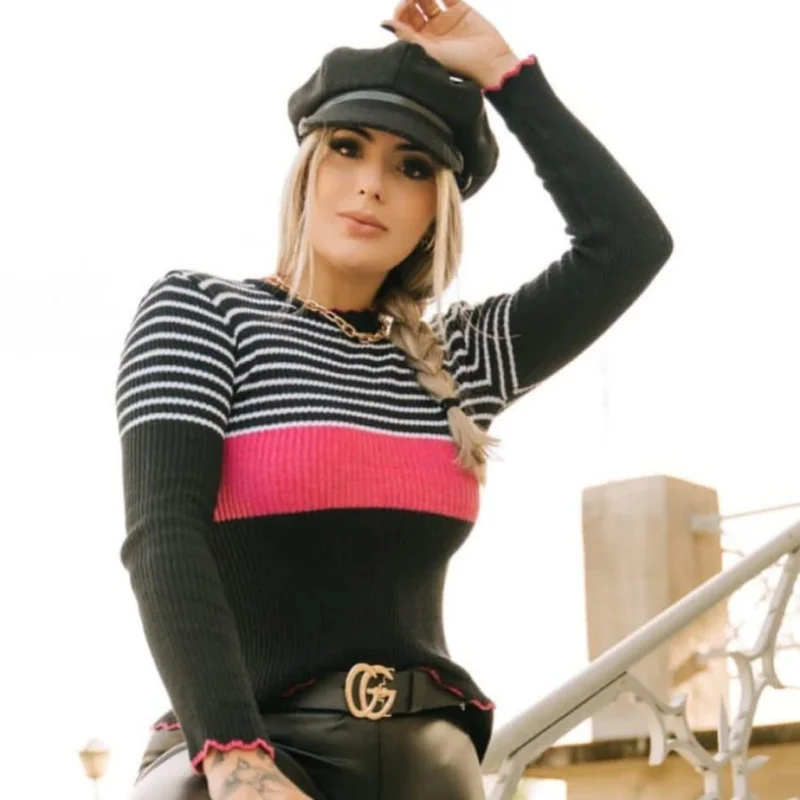 Inverno Tendencia Onda Manga Longa Blusa Rosa Chiclete